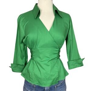 Y2K Green Wrap Top Collared 3/4 Sleeve Work Career Preppy 2000s Womens Small